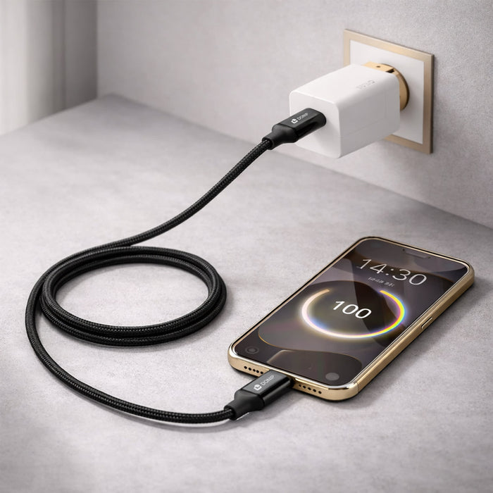 100W Magnetic Round Braided Charging Cable - A black braided charging cable connected to a phone and a wall charger. The phone displays a battery charge percentage.