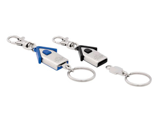 Housekeeper Keyring - A keyring featuring a house-shaped design with blue and black components, including a metal clip and keyring attachment.