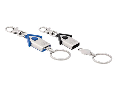 Housekeeper Keyring - A keyring featuring a house-shaped design with blue and black components, including a metal clip and keyring attachment.