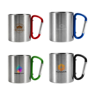 170ML/280ML Stainless Steel Insulated Travel Mug with Carabiner Handle - A drink bottle featuring four stainless steel insulated mugs, each with a different coloured carabiner handle: red, blue, green, and black.