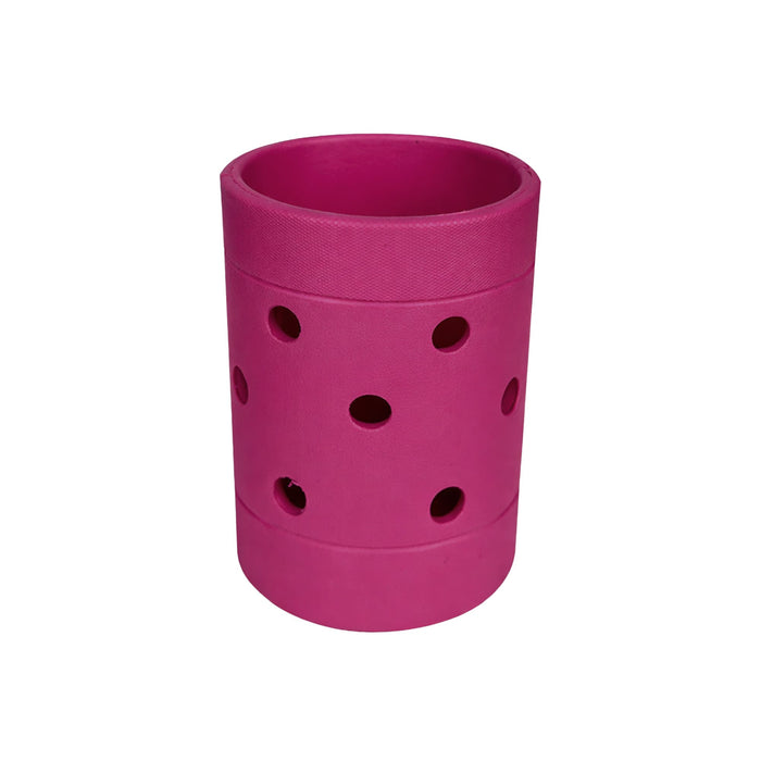 EVA Holes Stubby Holder - A pink EVA Holes Stubby Holder with multiple holes for insulation. It has a smooth texture and a round shape.
