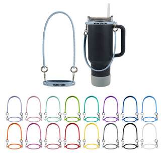 Silicone Cup Carry Strap - A drink bottle with a silicone carry strap is displayed in various colours, featuring a branded logo and a straw.