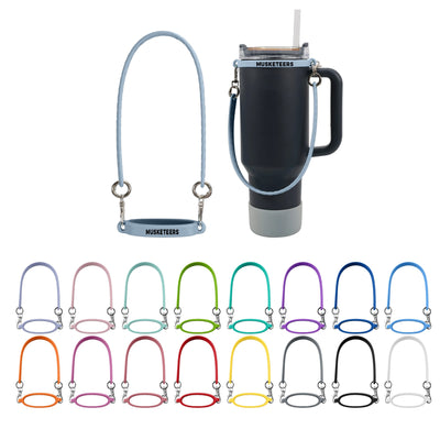 Silicone Cup Carry Strap - A drink bottle with a silicone carry strap is displayed in various colours, featuring a branded logo and a straw.