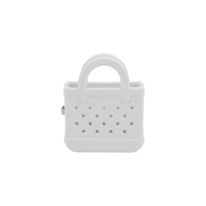 Mini EVA Holes Bag Clip - A white mini EVA bag clip with a textured finish and holes, featuring a small handle. It has a simple logo.
