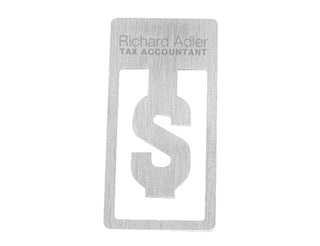 Biz Clip - Dollar (Replaced by Indent C4753-EI) - A metal business card featuring a dollar sign cutout, with engraved text and lines, in a silver finish.