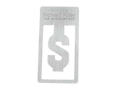 Biz Clip - Dollar (Replaced by Indent C4753-EI) - A metal business card featuring a dollar sign cutout, with engraved text and lines, in a silver finish.