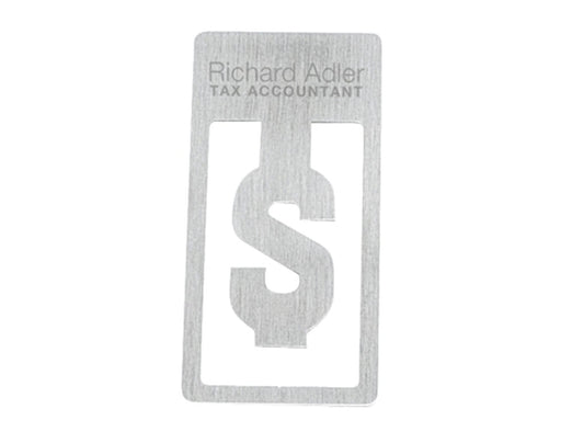 Biz Clip - Dollar (Replaced by Indent C4753-EI) - A metal business card featuring a dollar sign cutout, with engraved text and lines, in a silver finish.