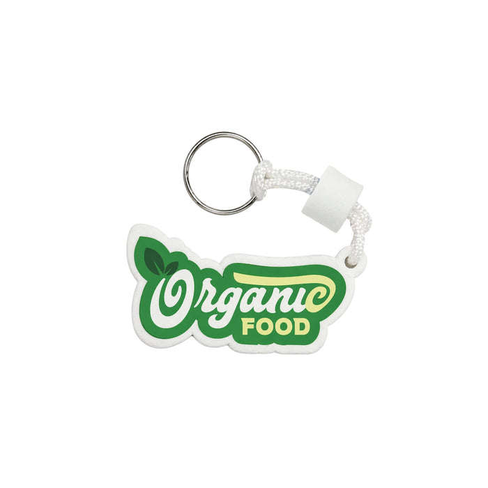 Full Colour Custom EVA Floating Keychain - A floating keychain in green and white featuring a logo with the words "Organic Food" and an attached white cord.