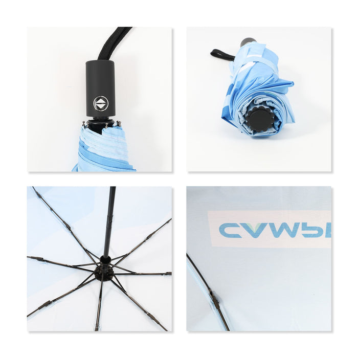 21'' Anti-rebound Folding Umbrella - An anti-rebound folding umbrella in light blue with a compact design and a logo on the handle. Features an open canopy view.