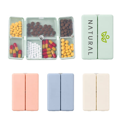 Folding 7 Compartment Pills Box - A folding pills box in multiple colours, featuring seven compartments to store various pills and capsules. It has a logo.