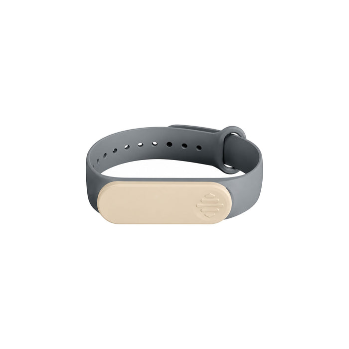 Medicine Box Wristband - A grey wristband with a cream-coloured oval section, featuring a logo on the front.