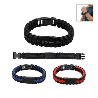 Paracord Bracelet with Metal Plate - A paracord bracelet in black, red, and blue with a black metal plate and a logo. Includes adjustable clasps.