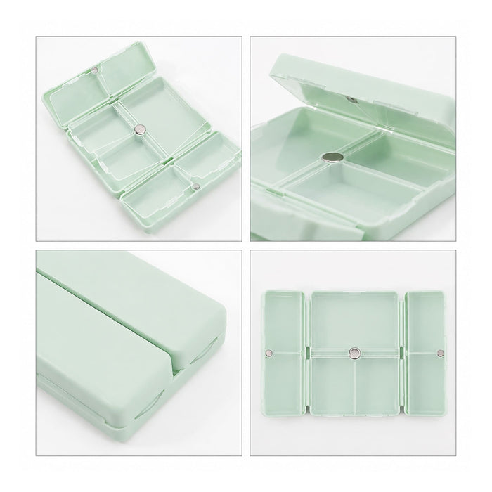 Folding 7 Compartment Pills Box - A light green folding pill box with seven compartments, featuring a small button for secure closure.