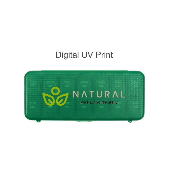 7 Day Pills Organizer - A green 7-day pill organiser with compartments, featuring a logo on the front.