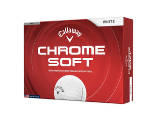 Callaway Golf Chrome Soft Golf Balls - 2026 Model - 3 Ball Sleeves - A box of white Callaway Chrome Soft golf balls, featuring three ball sleeves and branding with a logo.