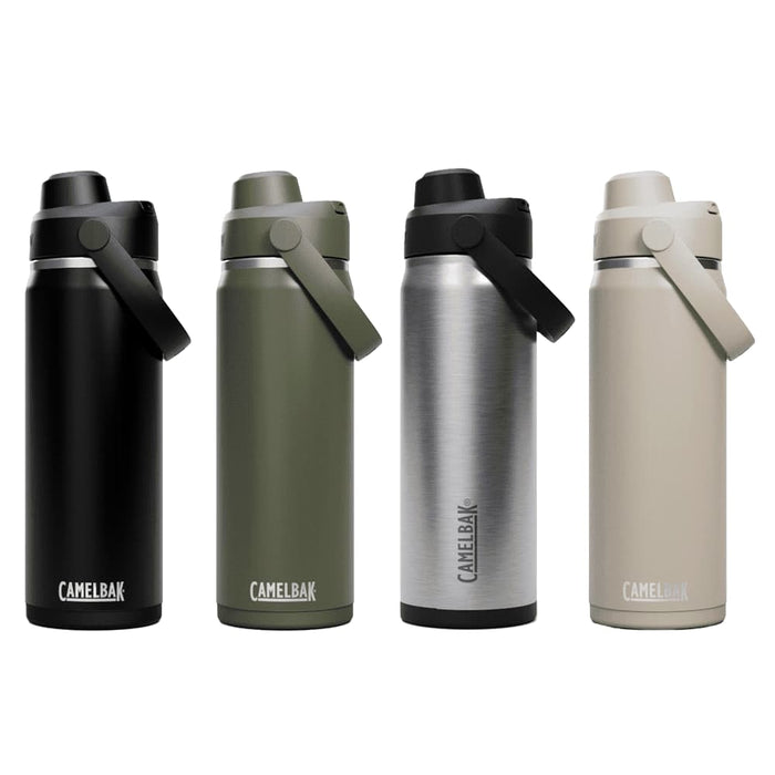 CamelBak - Thrive Chug VSS 0.75L - A drink bottle collection featuring black, olive green, silver, and beige options, each with a flip-top lid and carrying handle.