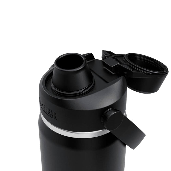 CamelBak - Thrive Chug VSS 0.6L - A drink bottle with a black body and a silver band, featuring a screw-top lid and a flip-open spout.