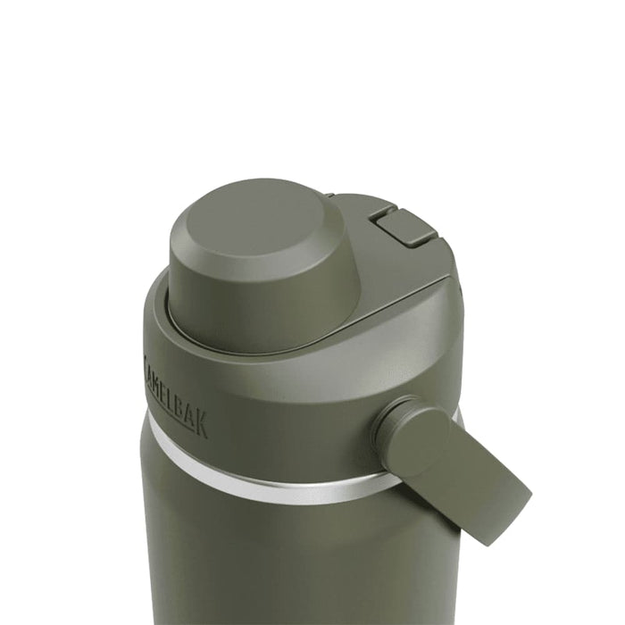 CamelBak - Thrive Chug VSS 0.6L - A drink bottle in an olive green colour with a silver band and a lid featuring a thumb lever and branding.