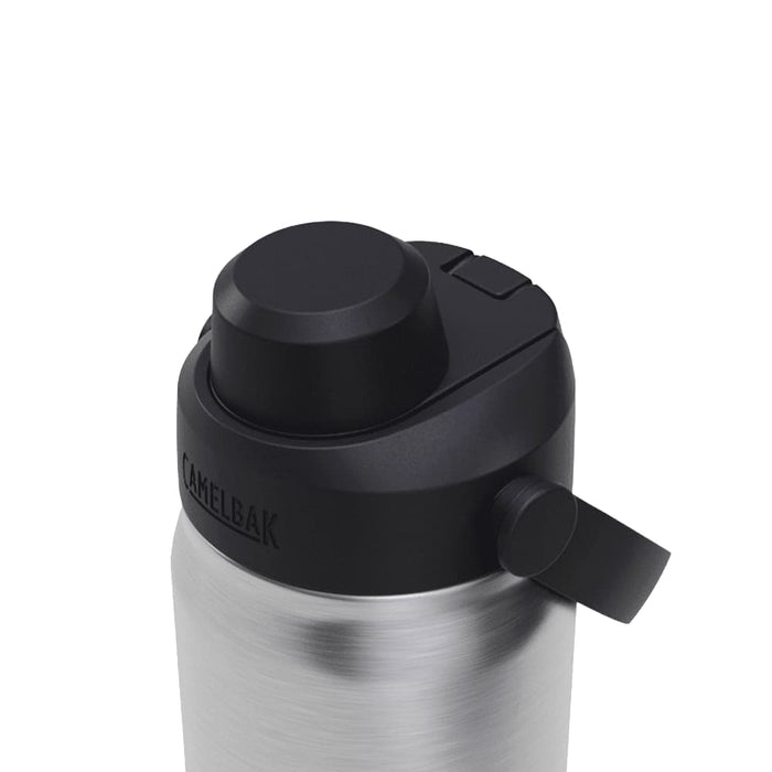 CamelBak - Thrive Chug VSS 0.6L - A drink bottle in silver stainless steel with a black lid, featuring a logo and a side handle.