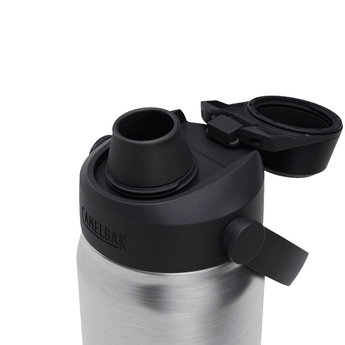 CamelBak - Thrive Chug VSS 0.6L - A drink bottle with a stainless steel body and black lid, featuring a spout and a secure cap.