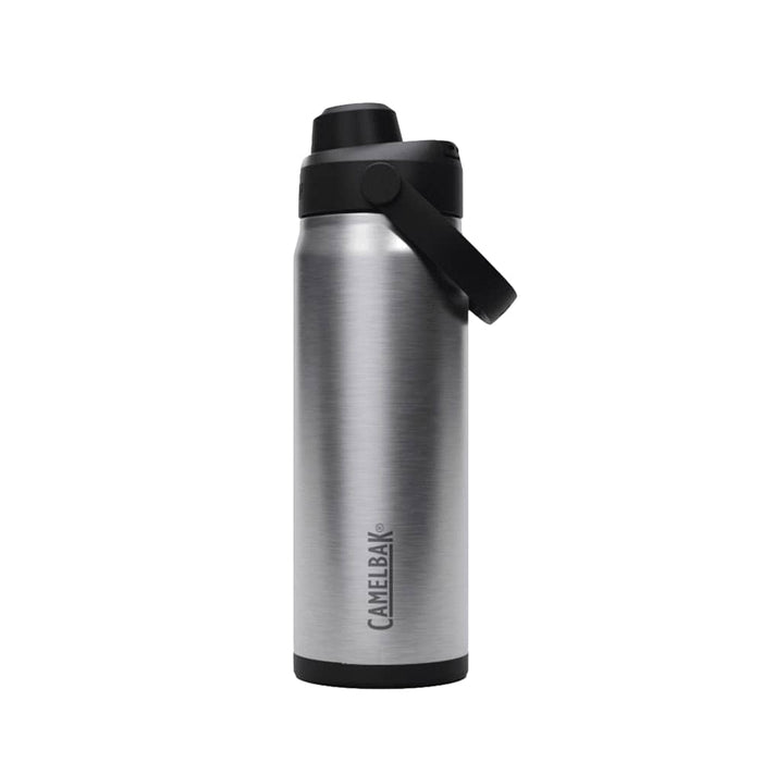 CamelBak - Thrive Chug VSS 0.6L - A drink bottle in stainless steel with a black lid and a carry handle, featuring a logo.