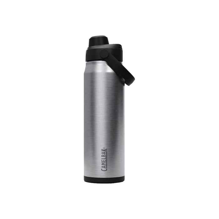CamelBak - Thrive Chug VSS 0.75L - A drink bottle in stainless steel with a black cap and a logo, designed for easy chugging.