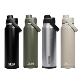 CamelBak - Thrive Chug VSS 1.0L - A drink bottle in four colours: black, olive green, stainless steel, and beige, featuring a lid with a carry handle and a logo.