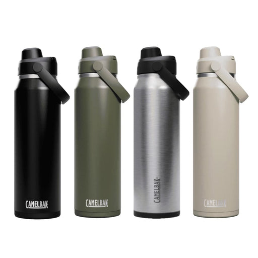 CamelBak - Thrive Chug VSS 1.0L - A drink bottle in four colours: black, olive green, stainless steel, and beige, featuring a lid with a carry handle and a logo.