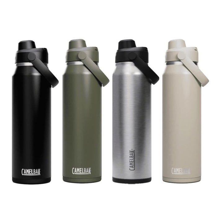 CamelBak - Thrive Chug VSS 1.0L - A drink bottle in four colours: black, olive green, stainless steel, and beige, featuring a lid with a carry handle and a logo.
