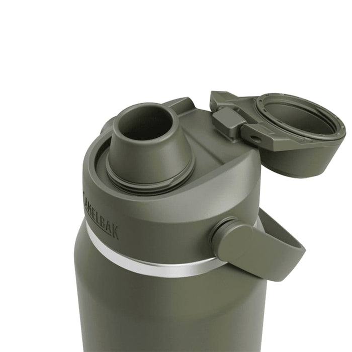 CamelBak - Thrive Chug VSS 1.0L - A drink bottle in olive green with a screw-on lid and a flip top cap, featuring a logo on the side.