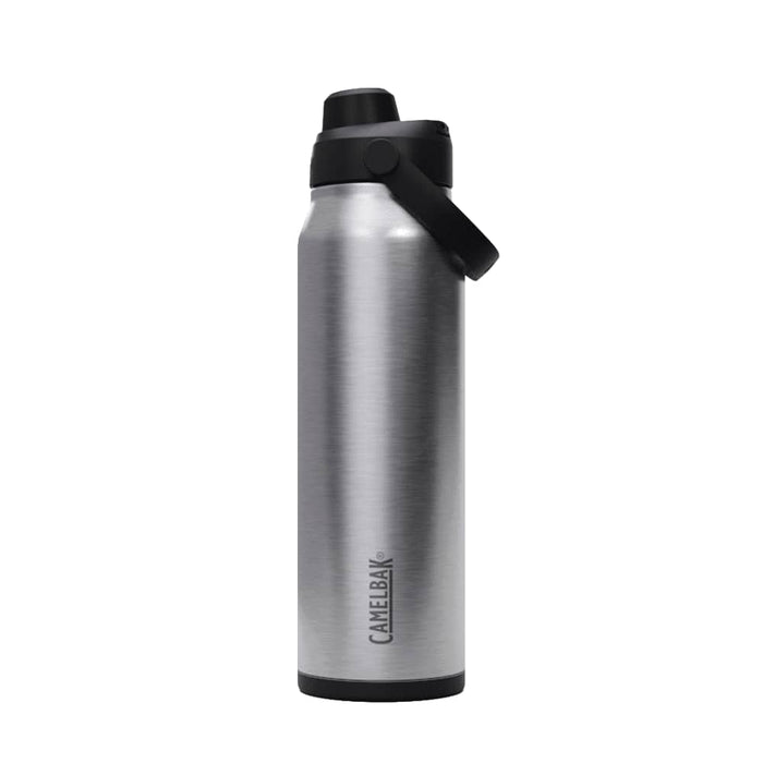 CamelBak - Thrive Chug VSS 1.0L - A drink bottle featuring a sleek silver stainless steel design with a black cap and carrying handle.