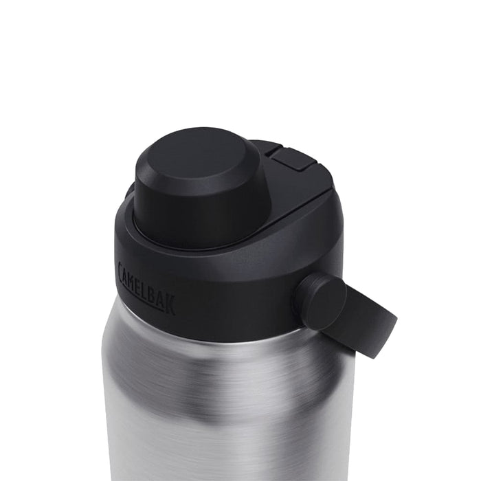 CamelBak - Thrive Chug VSS 1.0L - A drink bottle with a stainless steel body and a black, secure lid featuring a spout and lever. It has a logo.
