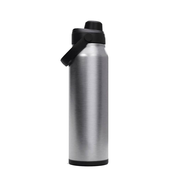 CamelBak - Thrive Chug VSS 1.0L - A drink bottle in silver with a black lid and handle, featuring a sleek, stainless steel design.