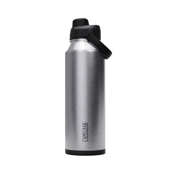 CamelBak - Thrive Chug VSS 1.2L - A drink bottle with a sleek stainless steel design, featuring a black lid and handle, and a logo on the side.