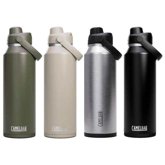 CamelBak - Thrive Chug VSS 1.2L - A drink bottle featuring four variations: olive green, beige, stainless steel, and black, each with a logo.