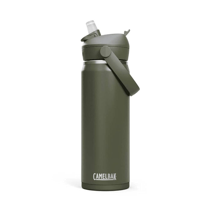CamelBak - Thrive Flip Straw VSS 0.6L - A drink bottle in olive green with a flip straw and a removable lid, featuring a logo at the base.