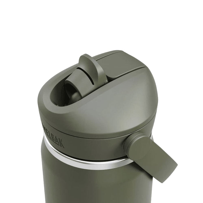 CamelBak - Thrive Flip Straw VSS 0.6L - A drink bottle with a flip straw top, featuring an olive green body and a silver rim. It has a logo on the side.