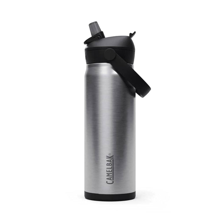 CamelBak - Thrive Flip Straw VSS 0.6L - A drink bottle in stainless steel with a black flip straw and a handle, featuring a logo.