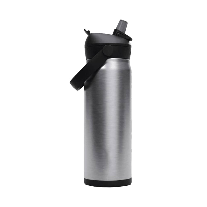 CamelBak - Thrive Flip Straw VSS 0.6L - A drink bottle in silver metal with a black flip straw, featuring a black handle for easy carrying.