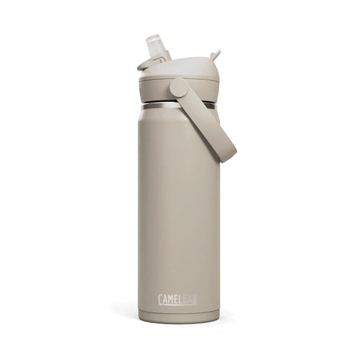 CamelBak - Thrive Flip Straw VSS 0.6L - A drink bottle in a light beige colour with a flip straw and a side handle, featuring a logo.