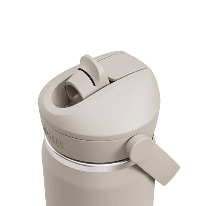 CamelBak - Thrive Flip Straw VSS 0.6L - A drink bottle in a light beige colour featuring a flip straw and a side lever for easy opening, with branding visible.