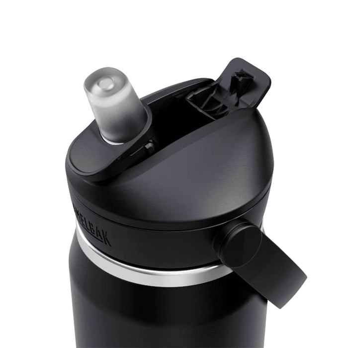 CamelBak - Thrive Flip Straw VSS 0.75L - A drink bottle in black, featuring a flip straw lid and a shiny silver band, with a logo on the side.