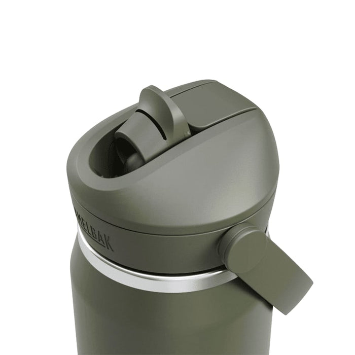 CamelBak - Thrive Flip Straw VSS 0.75L - A drink bottle in olive green with a flip straw lid and a silver accent, featuring a branding logo.