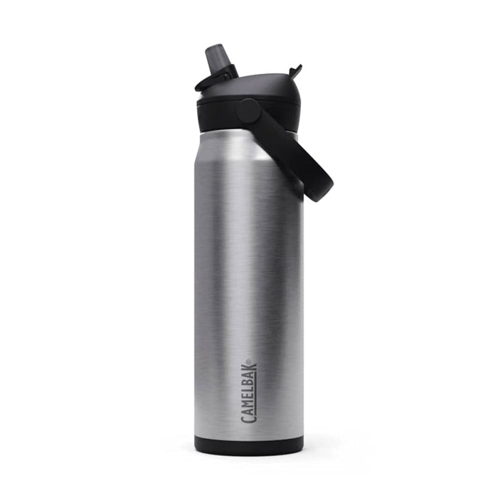 CamelBak - Thrive Flip Straw VSS 0.75L - A drink bottle featuring a stainless steel body with a black flip straw lid and a logo.