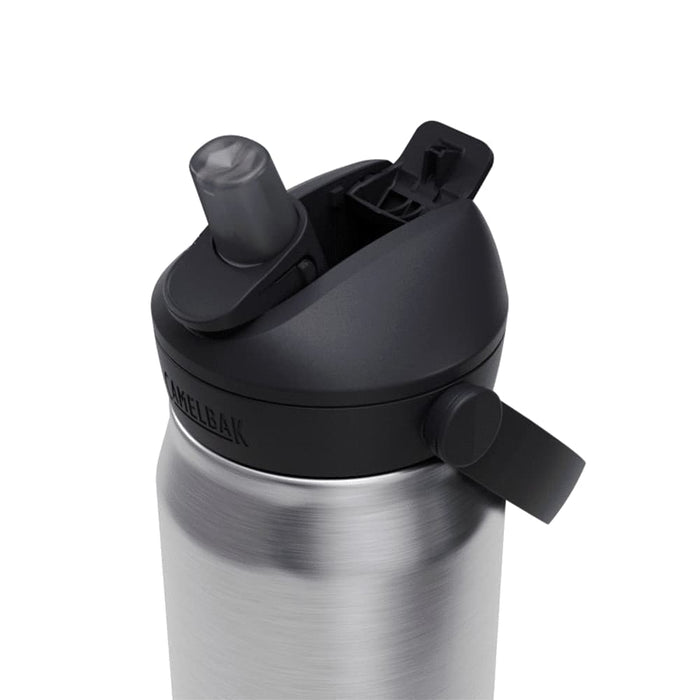 CamelBak - Thrive Flip Straw VSS 0.75L - A drink bottle featuring a stainless steel body and a black flip straw lid, with a logo on the side.