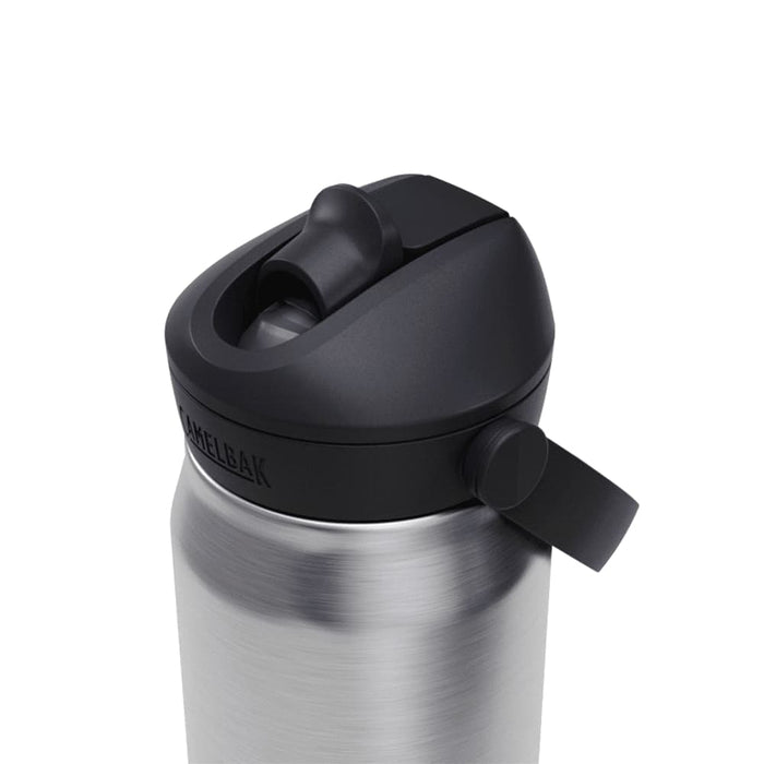 CamelBak - Thrive Flip Straw VSS 0.75L - A drink bottle made of stainless steel with a black top and flip straw, featuring a logo.