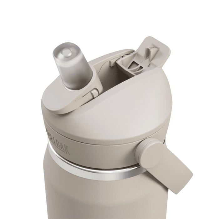 CamelBak - Thrive Flip Straw VSS 0.75L - A drink bottle in a beige colour features a flip straw lid and a side lever for easy opening. It has a logo.