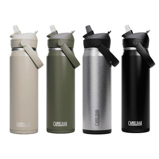 CamelBak - Thrive Flip Straw VSS 0.75L - A drink bottle set featuring four variations in beige, olive green, stainless steel, and black, each with a flip straw and branding.