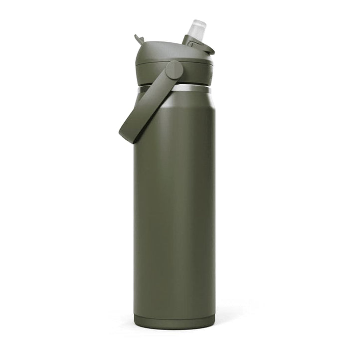 CamelBak - Thrive Flip Straw VSS 0.75L - A drink bottle in olive green with a flip straw, featuring a silver stainless steel body and a handle.