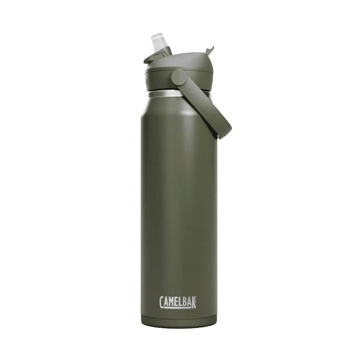 CamelBak - Thrive Flip Straw VSS 1.0L - A drink bottle in olive green with a flip straw lid and a handle, featuring a logo on the side.